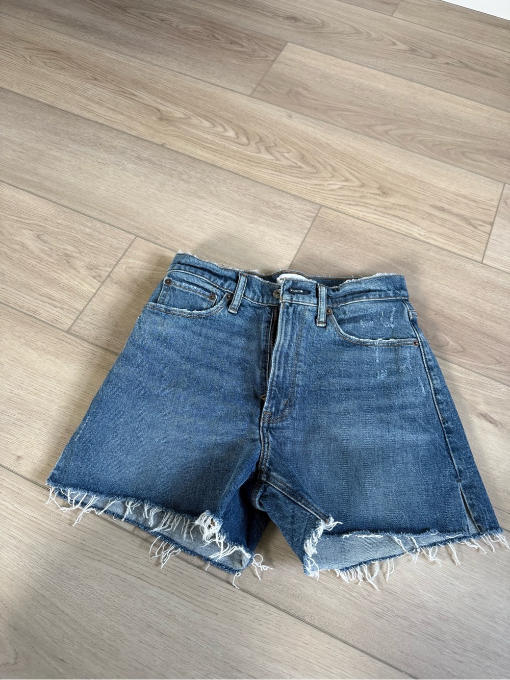 Abercrombie & Fitch Raw-Hem High-Rise Denim Shorts - Blue